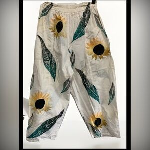 VTG Play Alegre Women's M/L White cotton palazzo pants hand-painted sunflower